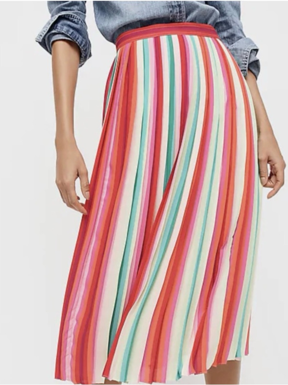J. Crew Multicolor Striped Pleated Midi Skirt in Red, Pink, Green, Cream